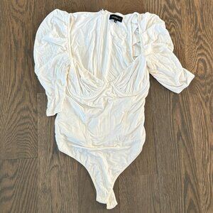 Majorelle White Ruched Long Sleeve Bodysuit | Size S